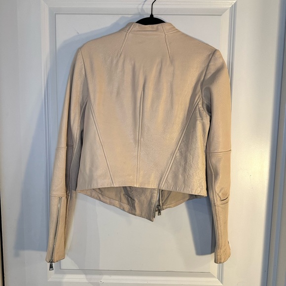 Vince Sand Shell Asymmetrical Rib Knit 100% Lambskin Leather Moto Designer Coat - Picture 10 of 16